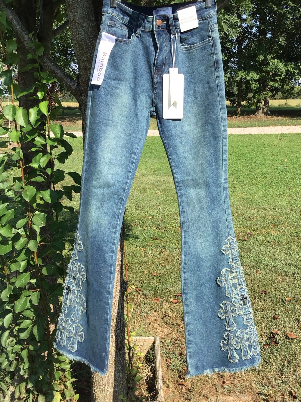 BAMBOO Light Wash Indigo Boot-Cut Jeans with Cross Appliqué Panels Embroidery